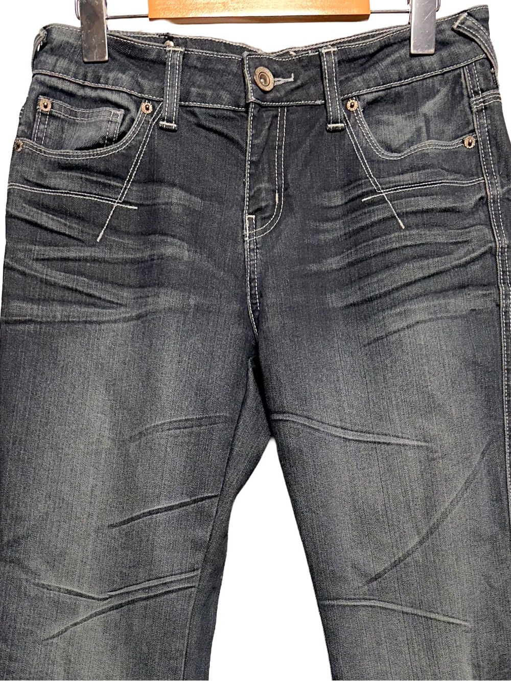 CARTISE Dark Wash Bootcut Jeans Rhinestone Zip Pocket Y2K Moto Glam